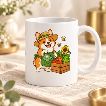 Cốc sứ in mẫu corgi làm vườn