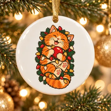 Ornament Giáng sinh in mẫu mèo cam quấn đèn